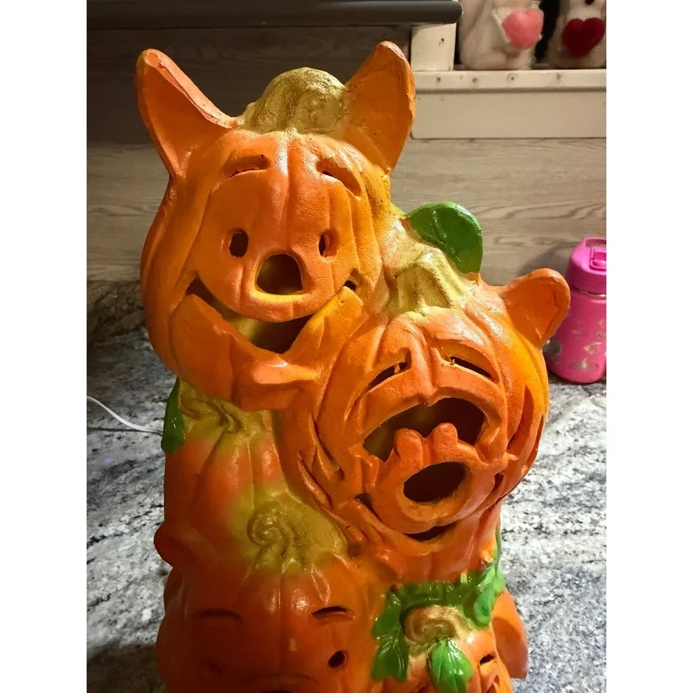 Vintage Halloween Lighted Stacked Pumpkin Cats Winnie Pooh Tigger Eeyore Decor